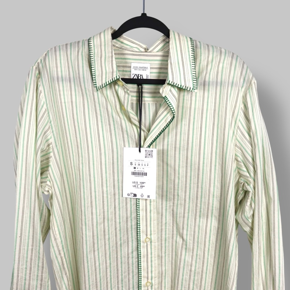 Zara Green Striped Button Up Shirt Men’s Small NWT Lightweight Casual